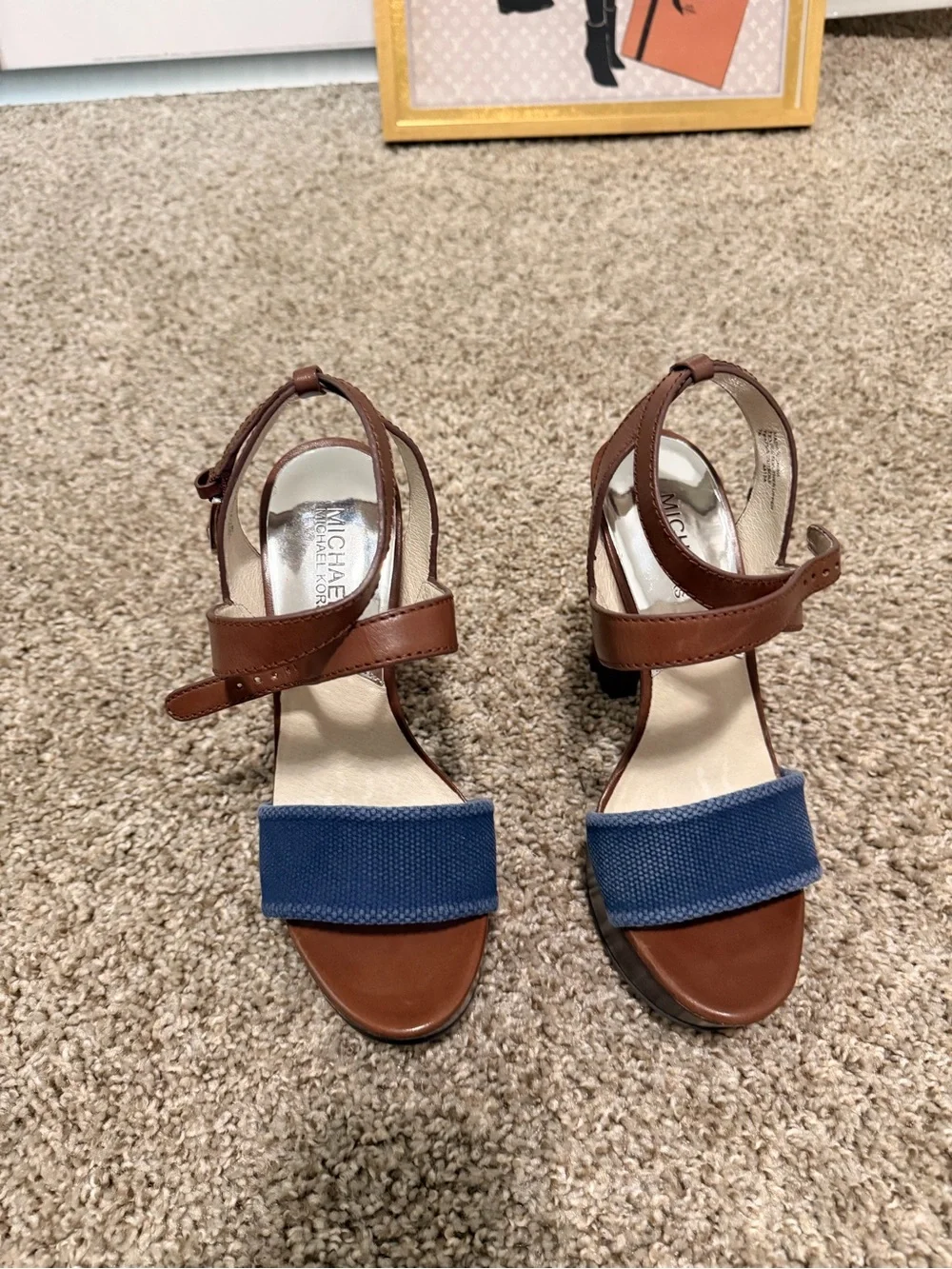Michael Kors Brown Leather Sandal with Navy Front Band